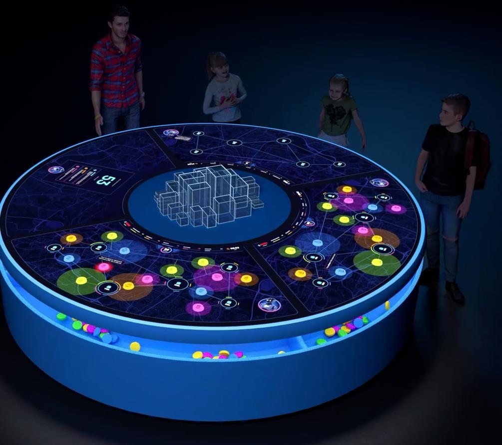 Digital Twin City interactive table concept with physical building tiles and a central city model